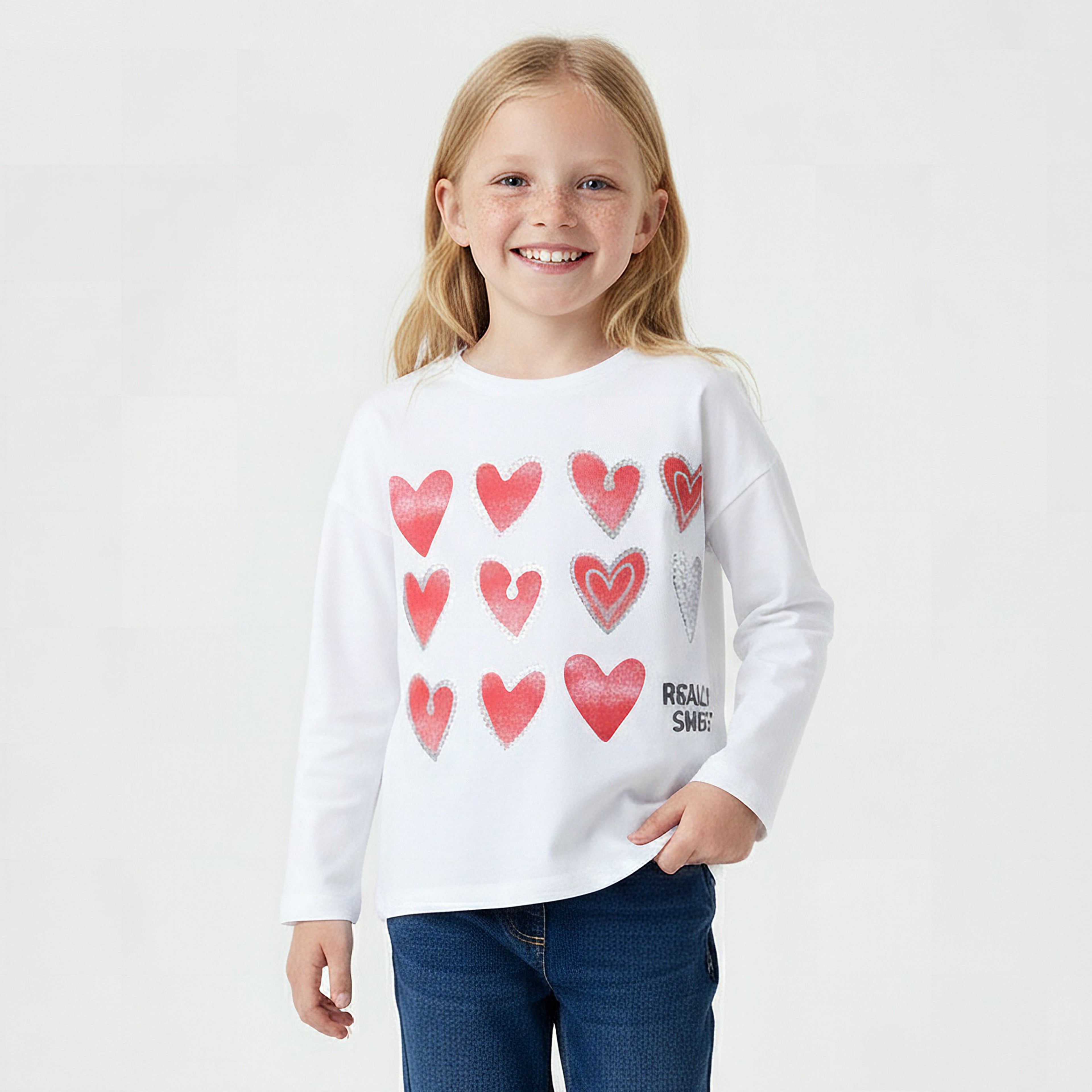 Juniors Crew Neck Long Sleeves T-shirt with Heart Print - White / 1-2 yrs
