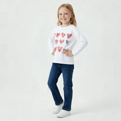 Juniors Crew Neck Long Sleeves T-shirt with Heart Print