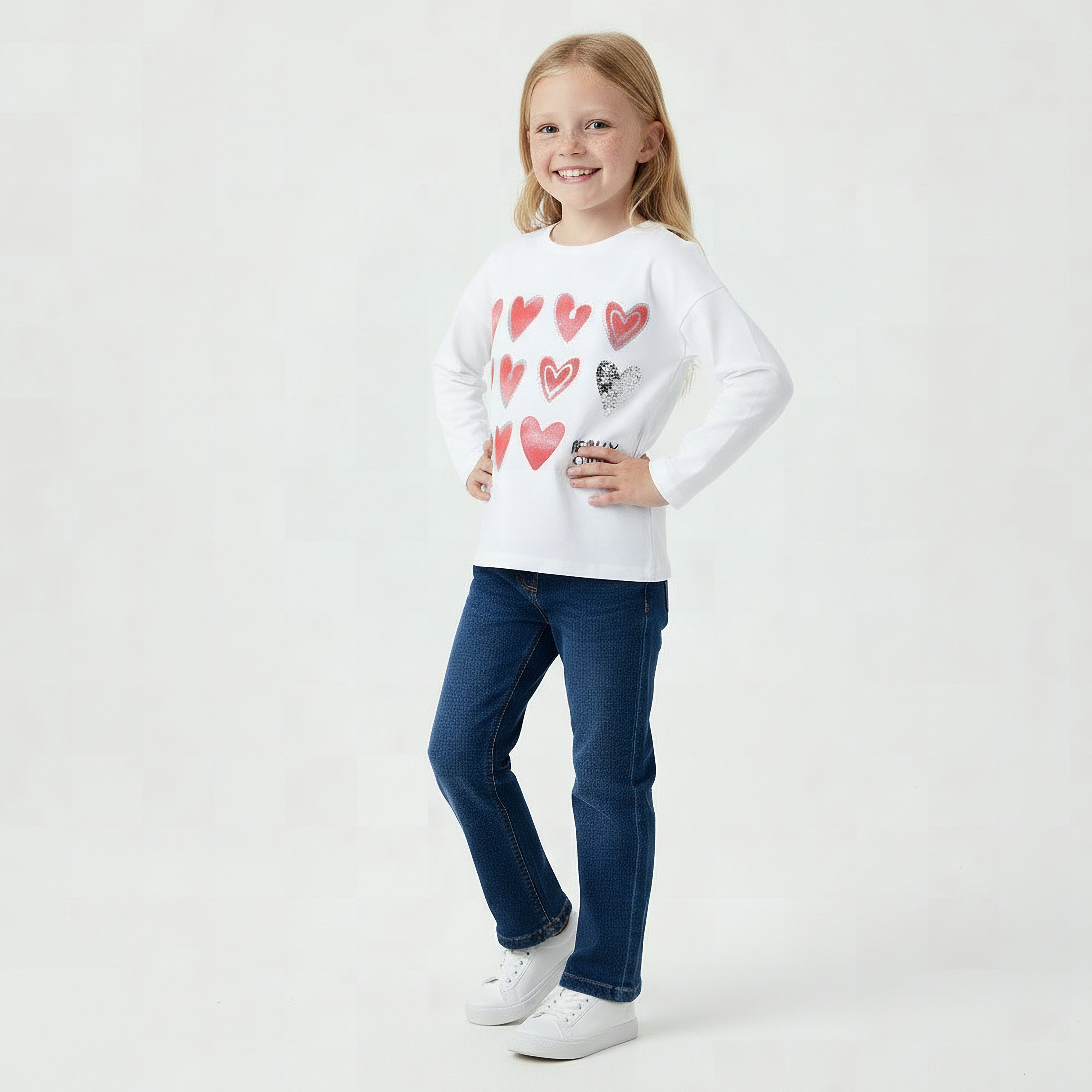 Juniors Crew Neck Long Sleeves T-shirt with Heart Print