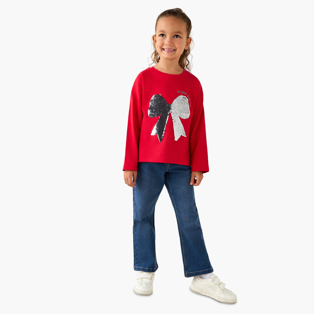 Juniors Crew Neck Long Sleeves T-shirt with Bow Embellishment