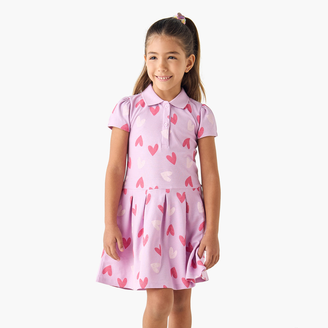 Juniors Printed Polo Dress with Short Sleeves - White / 1-2 yrs