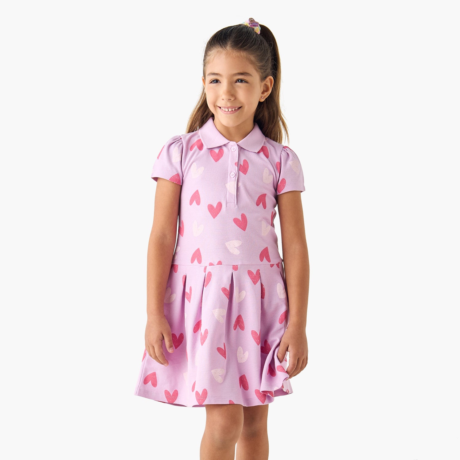Juniors Printed Polo Dress with Short Sleeves - White / 1-2 yrs
