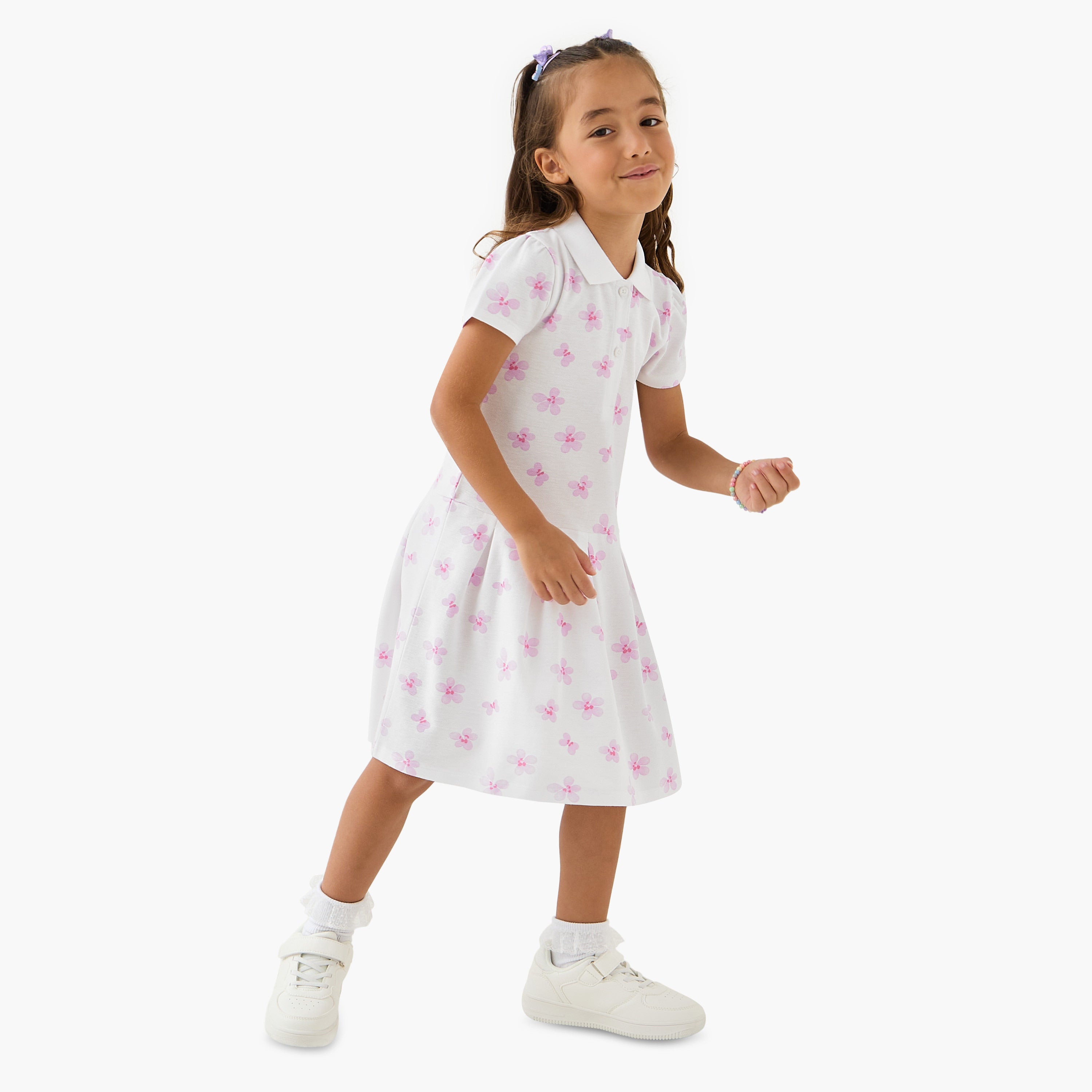 Juniors Printed Polo Dress with Short Sleeves