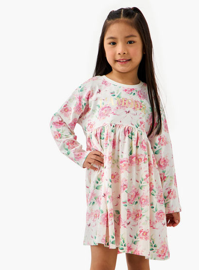 Juniors Round Neck Long Sleeves Dress with Floral Print-girls-clothing-dressesandjumpsuits-image-1