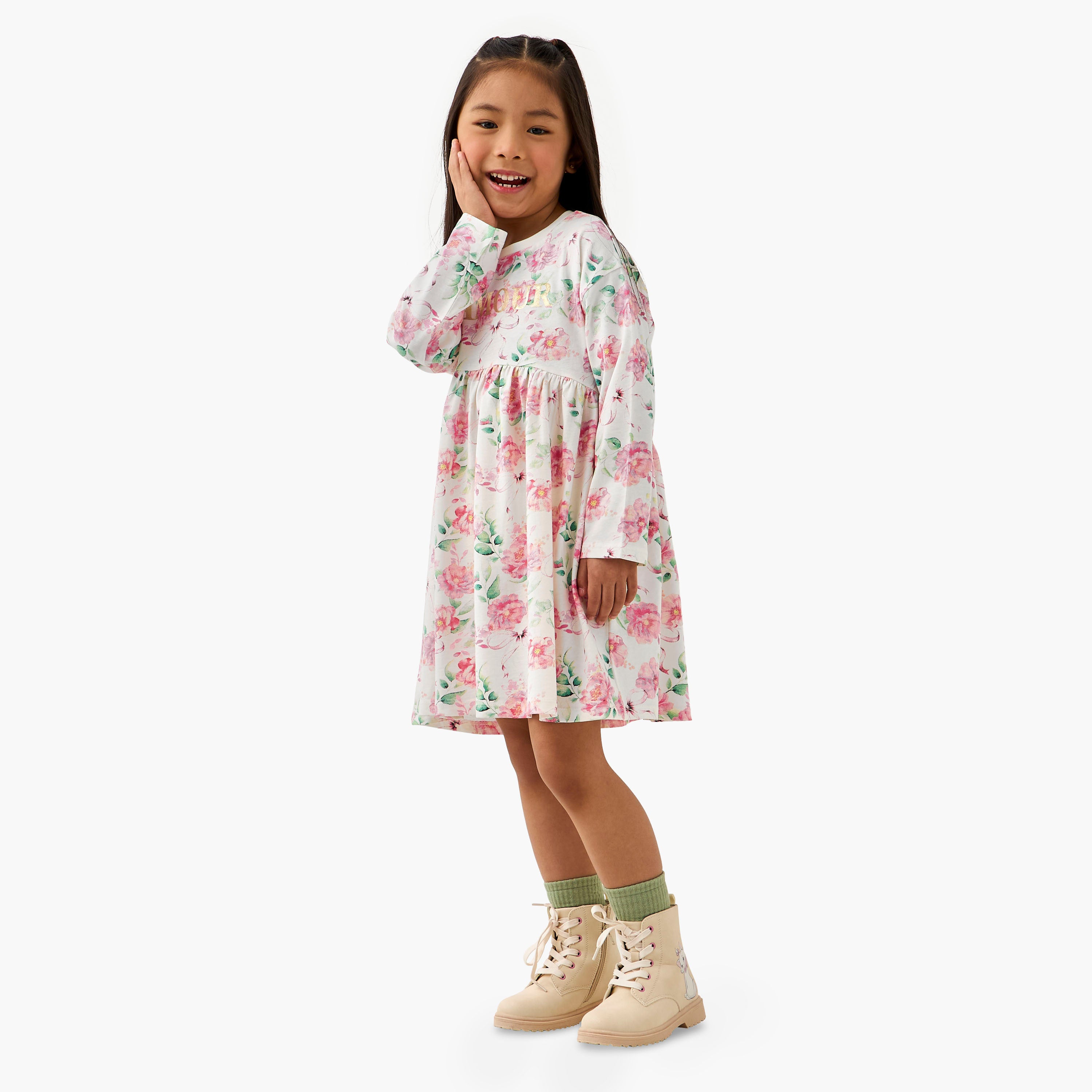 Juniors Round Neck Long Sleeves Dress with Floral Print