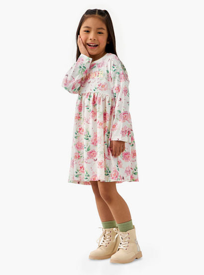 Juniors Round Neck Long Sleeves Dress with Floral Print-girls-clothing-dressesandjumpsuits-image-2