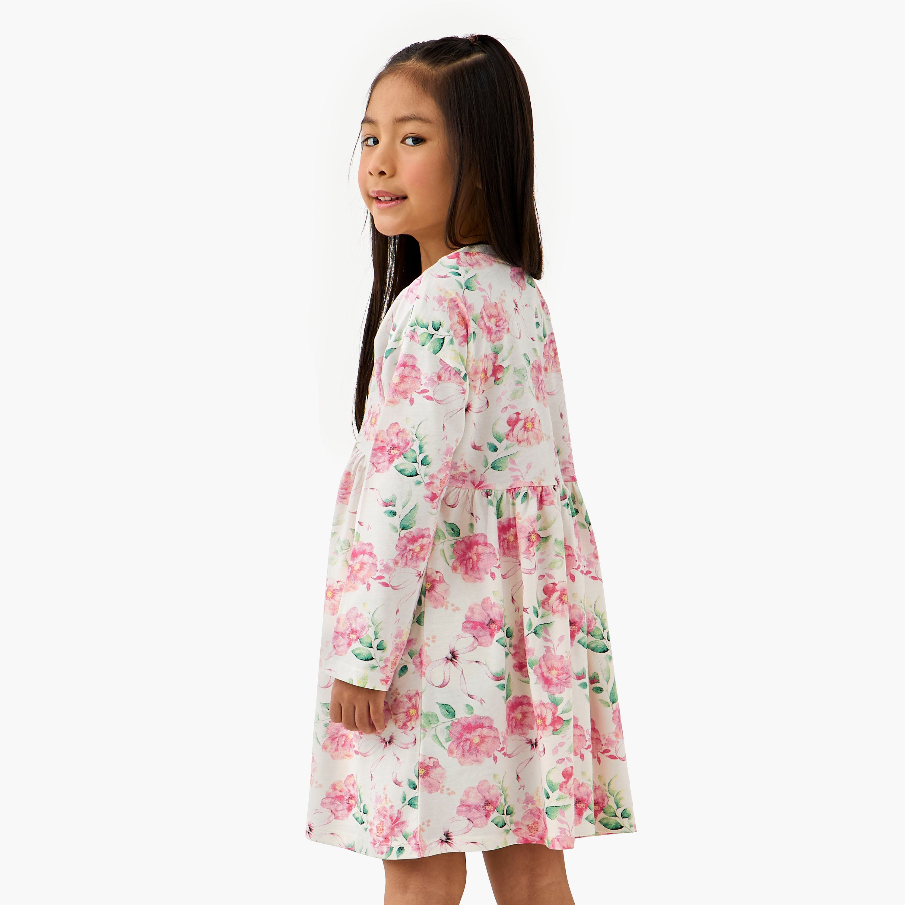 Juniors Round Neck Long Sleeves Dress with Floral Print