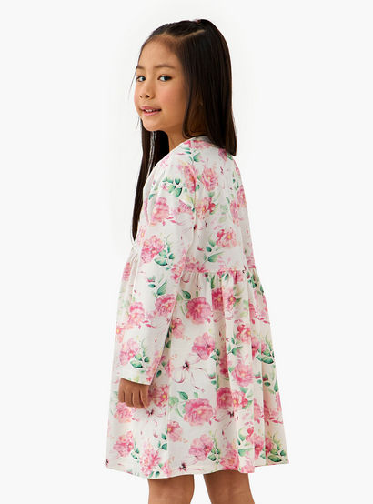 Juniors Round Neck Long Sleeves Dress with Floral Print-girls-clothing-dressesandjumpsuits-image-3