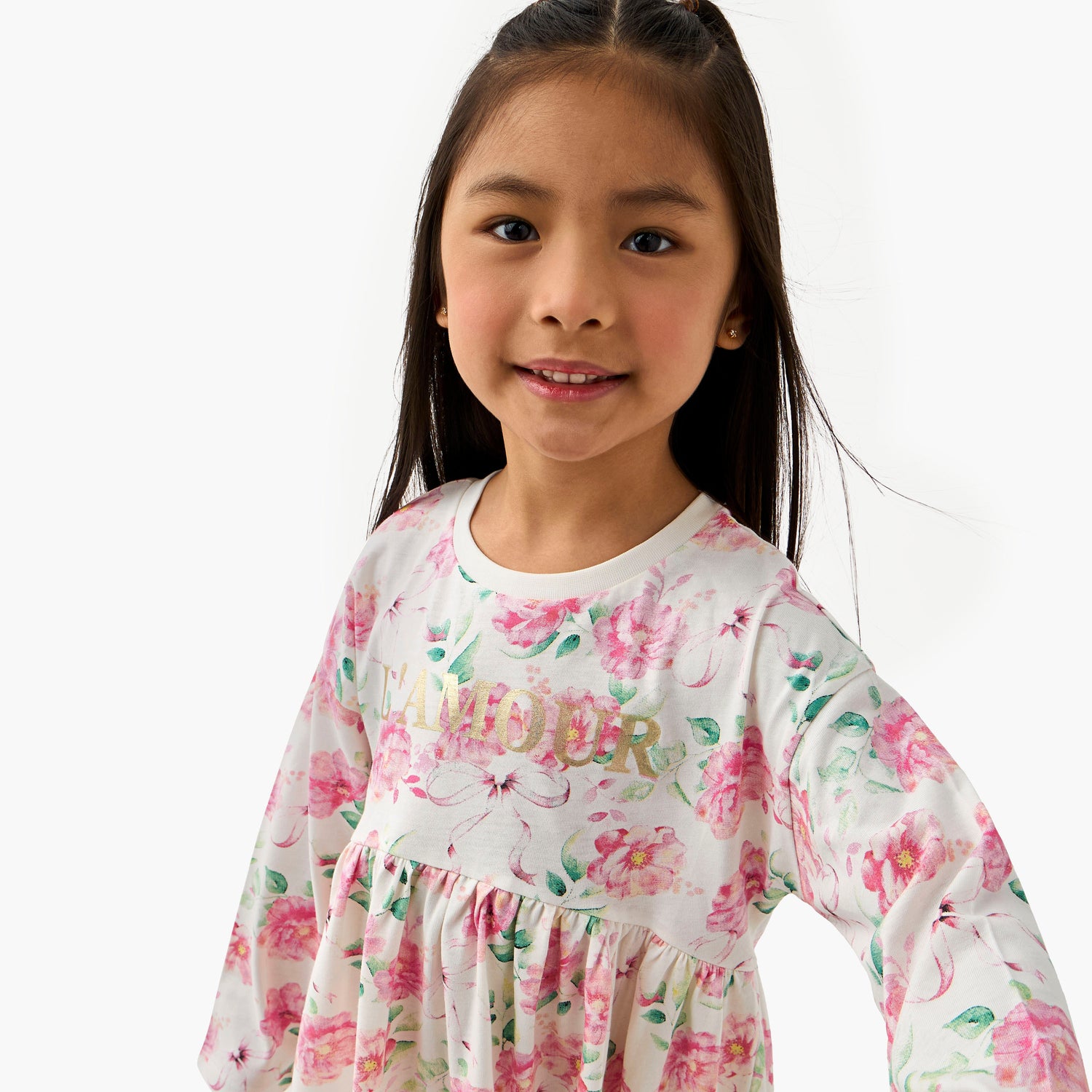 Juniors Round Neck Long Sleeves Dress with Floral Print