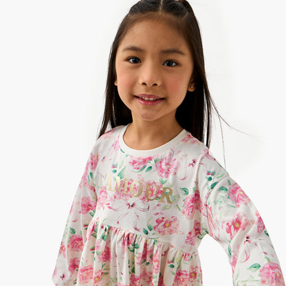 Juniors Round Neck Long Sleeves Dress with Floral Print