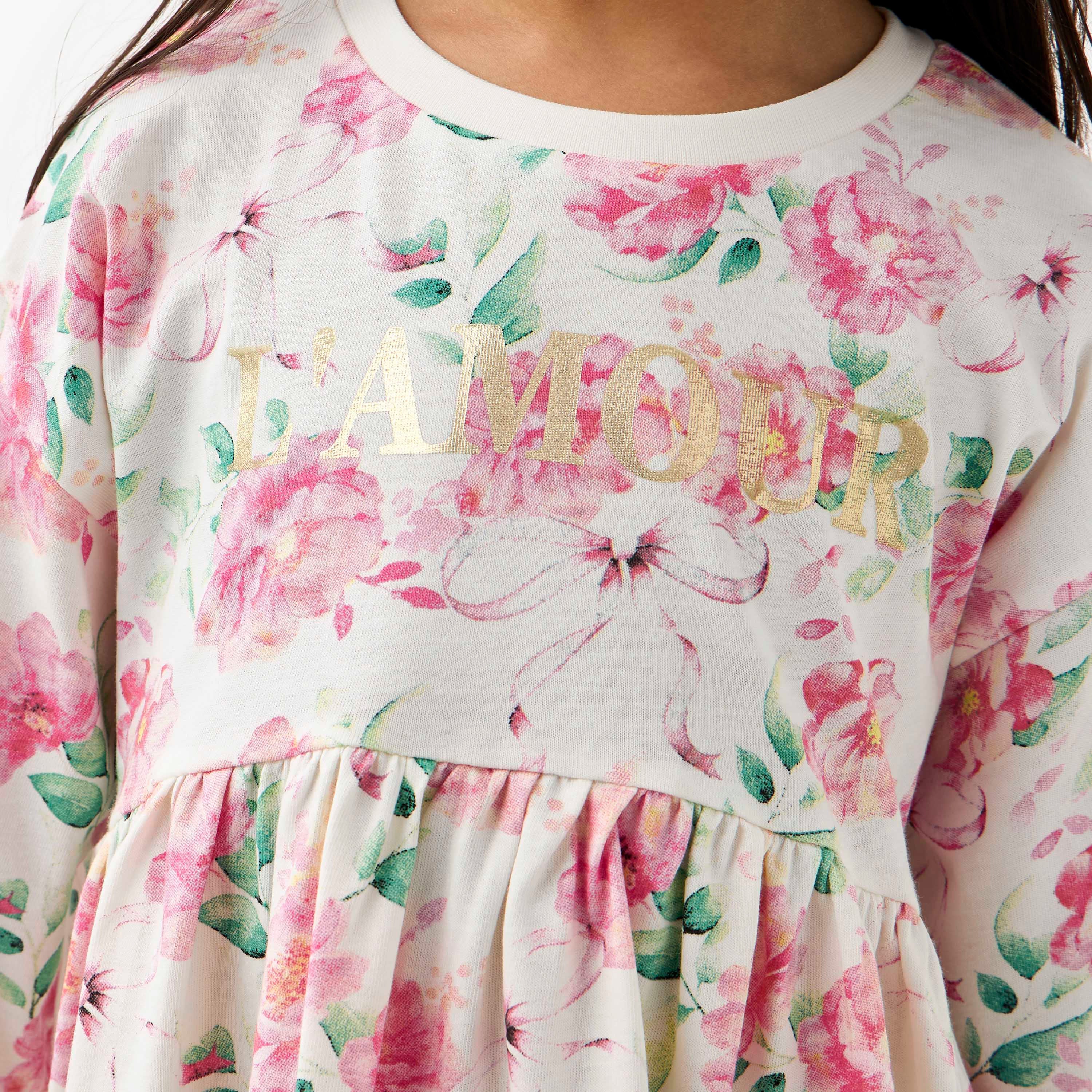 Juniors Round Neck Long Sleeves Dress with Floral Print
