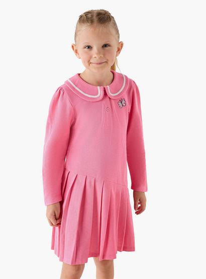 Juniors Peter Pan Collar Long Sleeves Knee Length Dress with Butterfly Embroidery-girls-clothing-dressesandjumpsuits-image-1