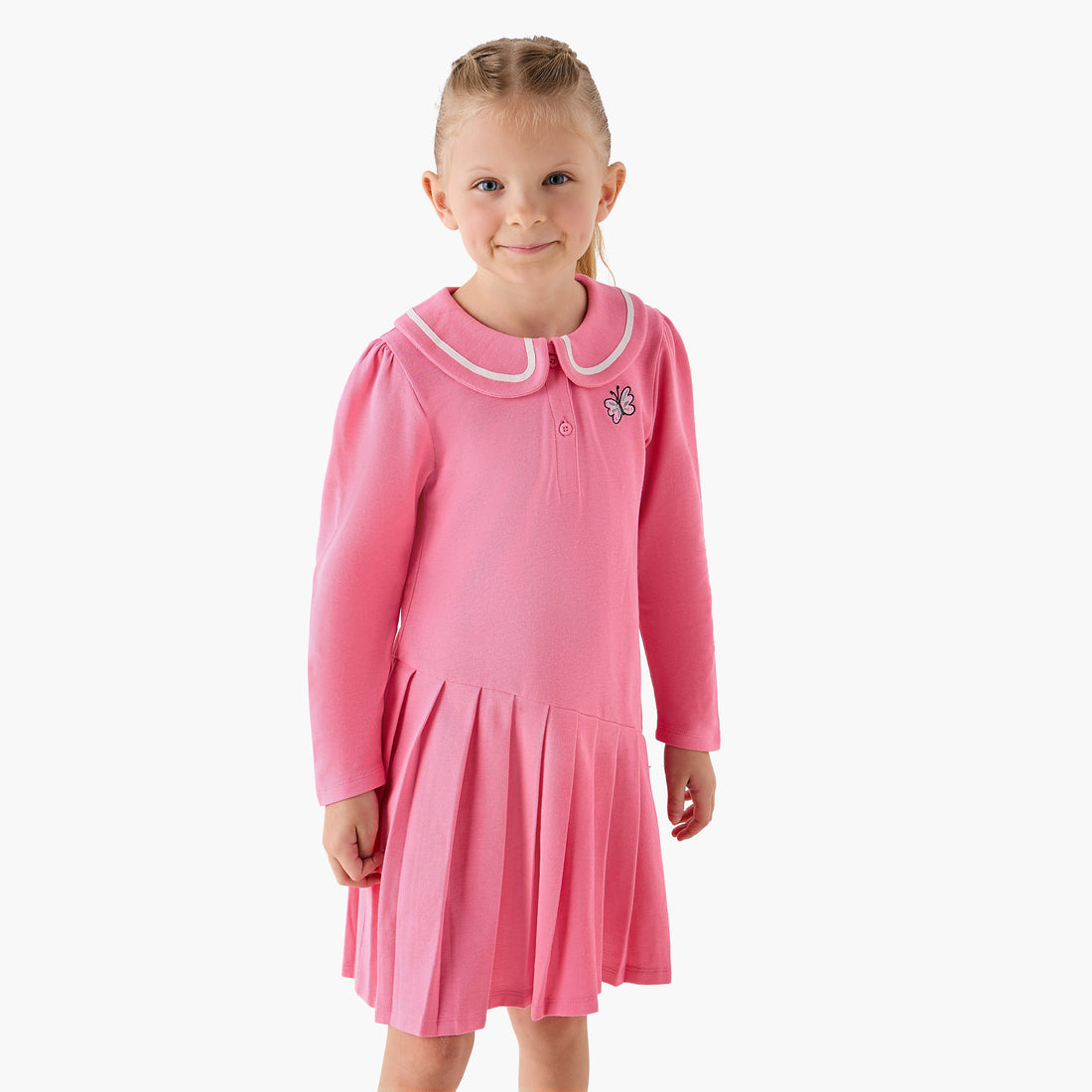 Juniors Peter Pan Collar Long Sleeves Knee Length Dress with Butterfly Embroidery - Pink / 1-2 yrs