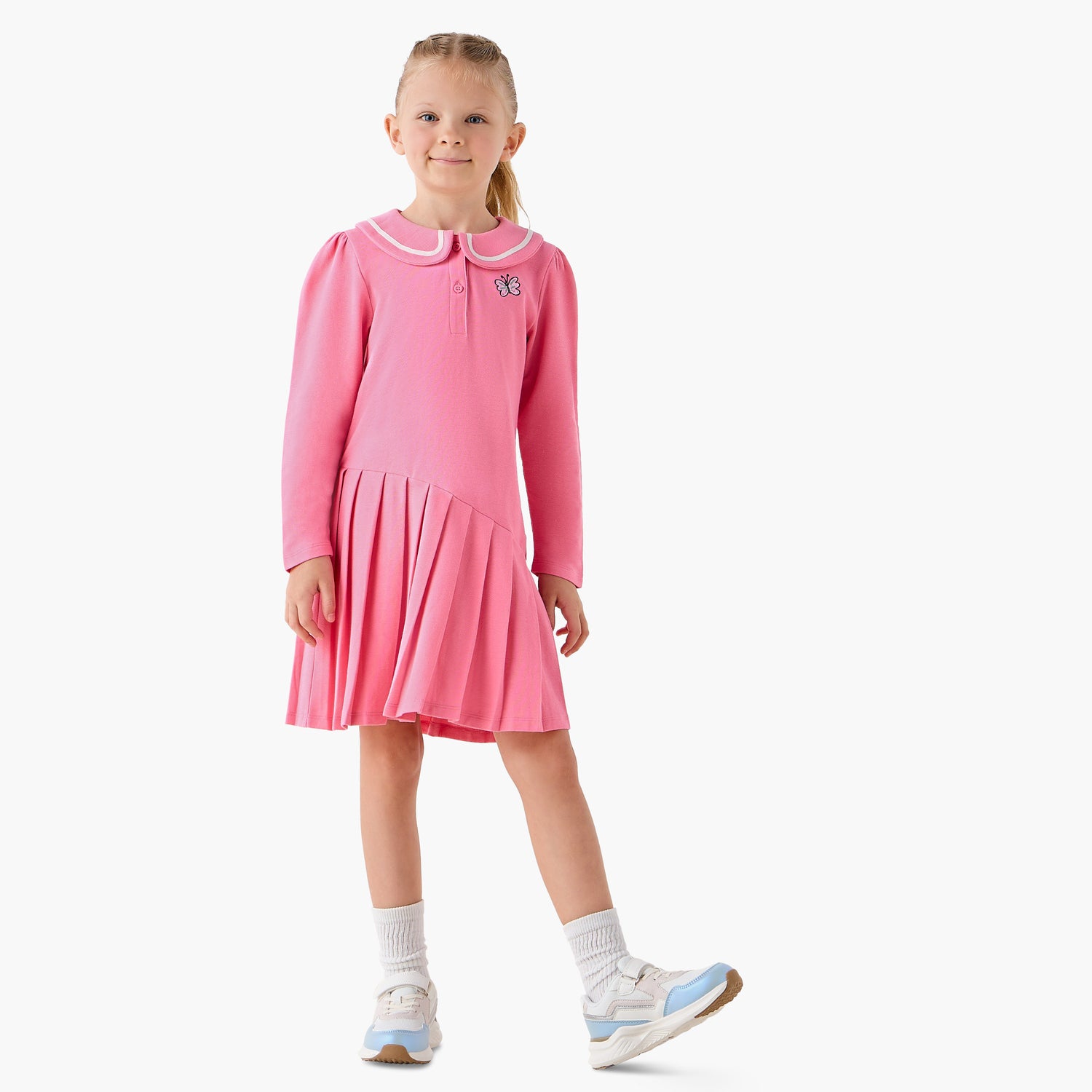 Juniors Peter Pan Collar Long Sleeves Knee Length Dress with Butterfly Embroidery