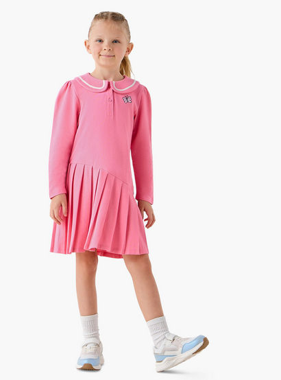 Juniors Peter Pan Collar Long Sleeves Knee Length Dress with Butterfly Embroidery-girls-clothing-dressesandjumpsuits-image-2