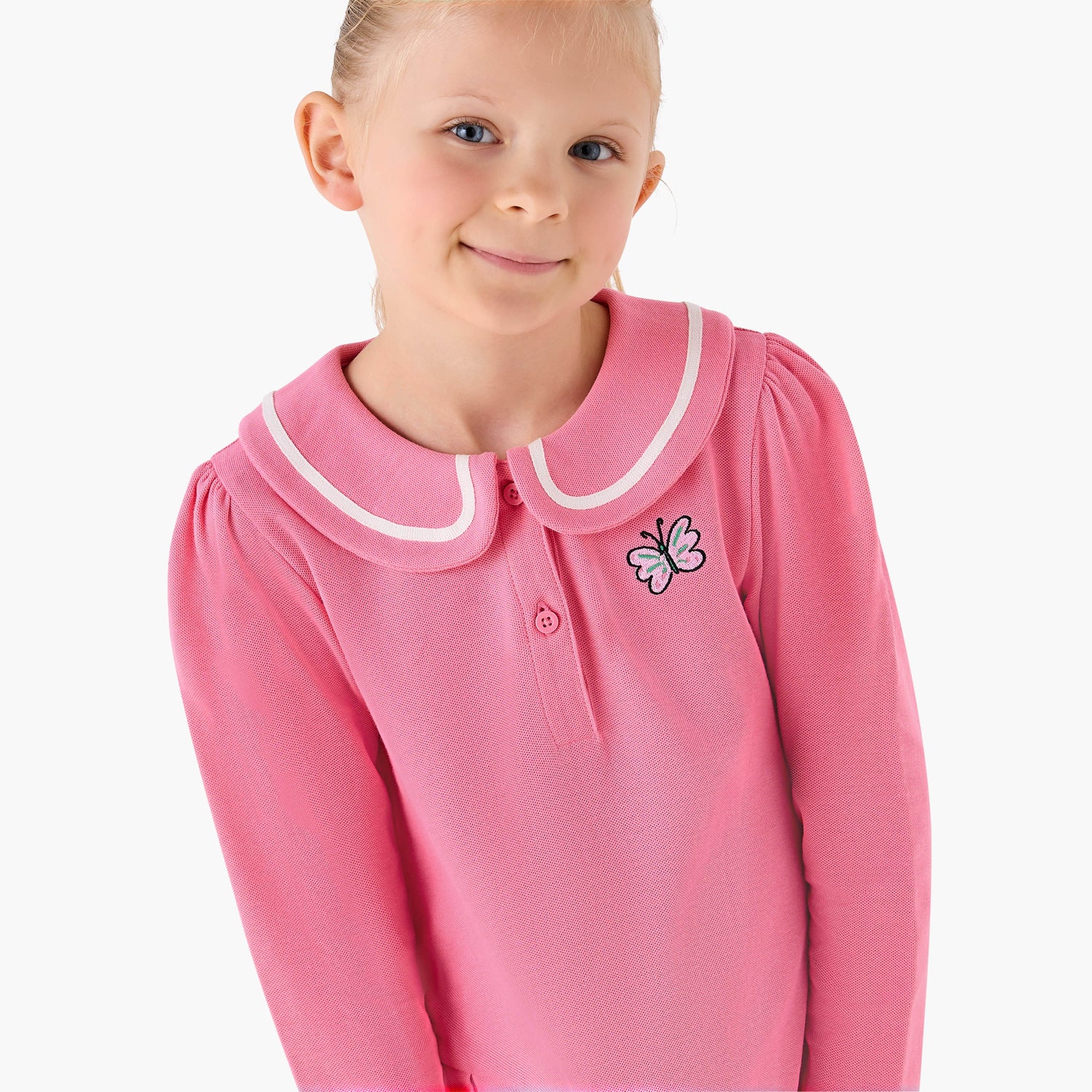 Juniors Peter Pan Collar Long Sleeves Knee Length Dress with Butterfly Embroidery