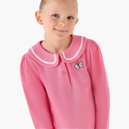 Juniors Peter Pan Collar Long Sleeves Knee Length Dress with Butterfly Embroidery