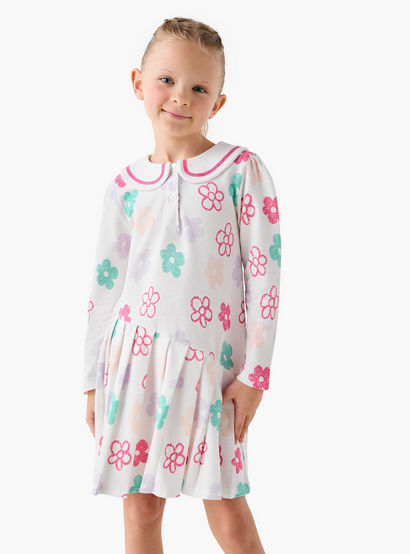 Juniors Peter Pan Collar Long Sleeves Dress with Floral Print-girls-clothing-dressesandjumpsuits-image-1