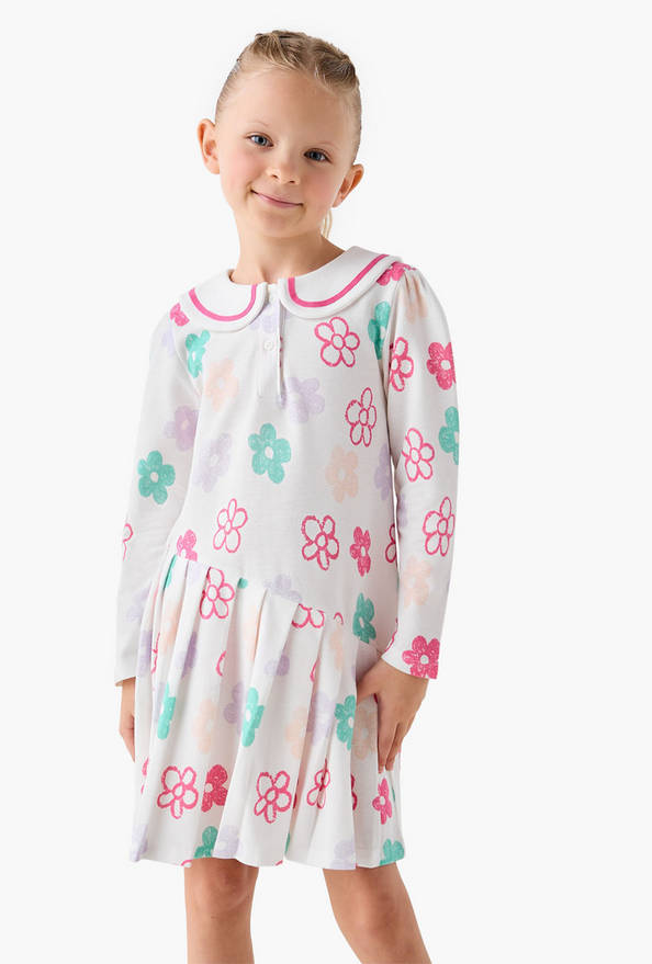 Juniors Peter Pan Collar Long Sleeves Dress with Floral Print