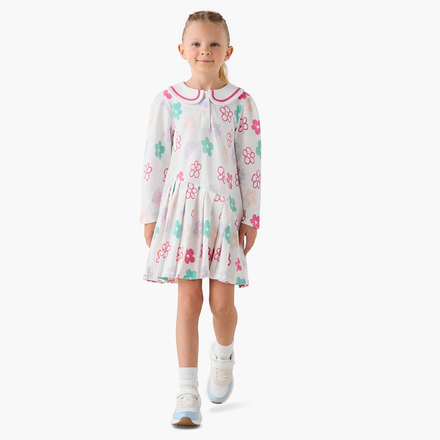 Juniors Peter Pan Collar Long Sleeves Dress with Floral Print