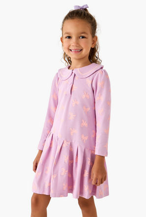 Juniors Peter Pan Collar Long Sleeves Dress with Button Placket