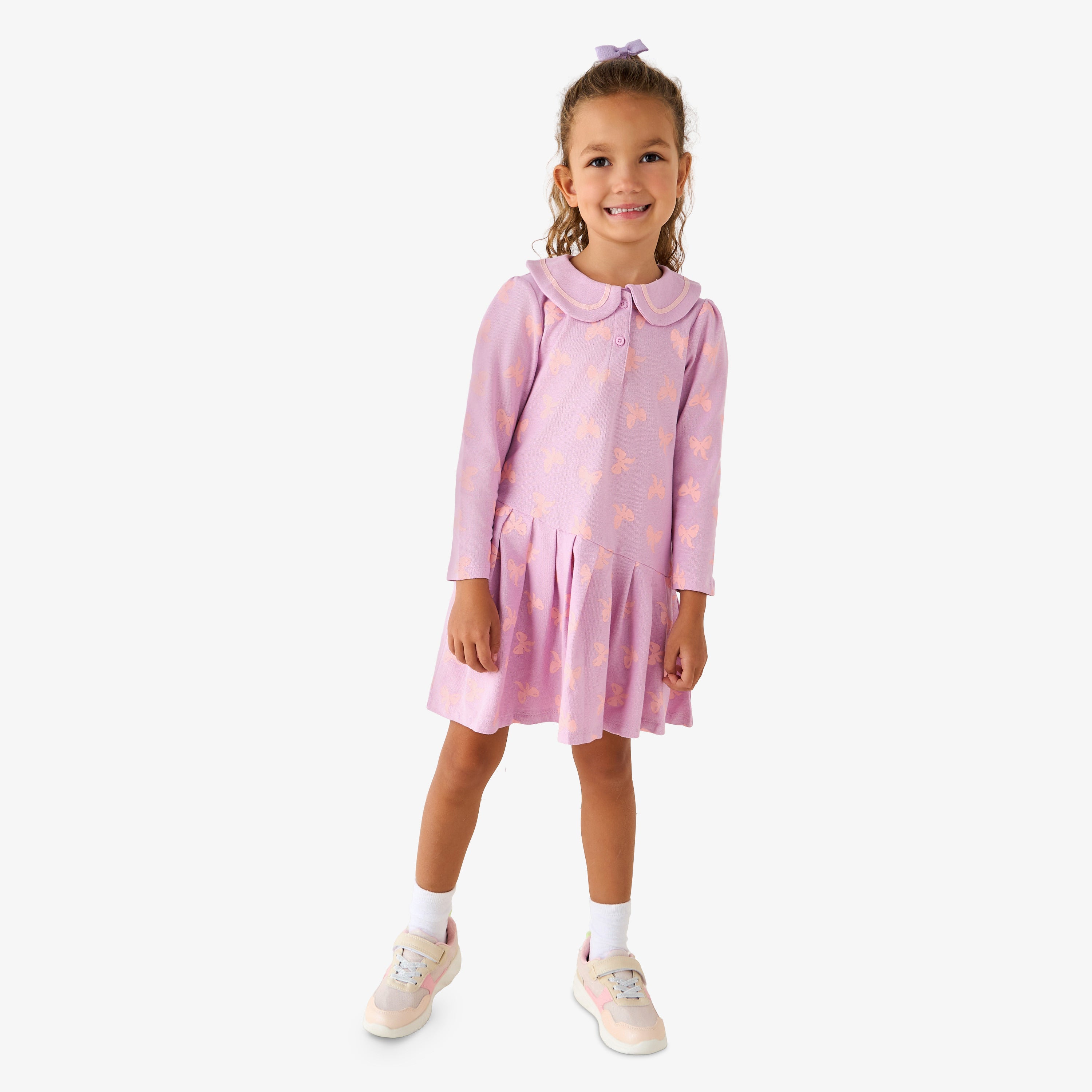 Juniors Peter Pan Collar Long Sleeves Dress with Button Placket