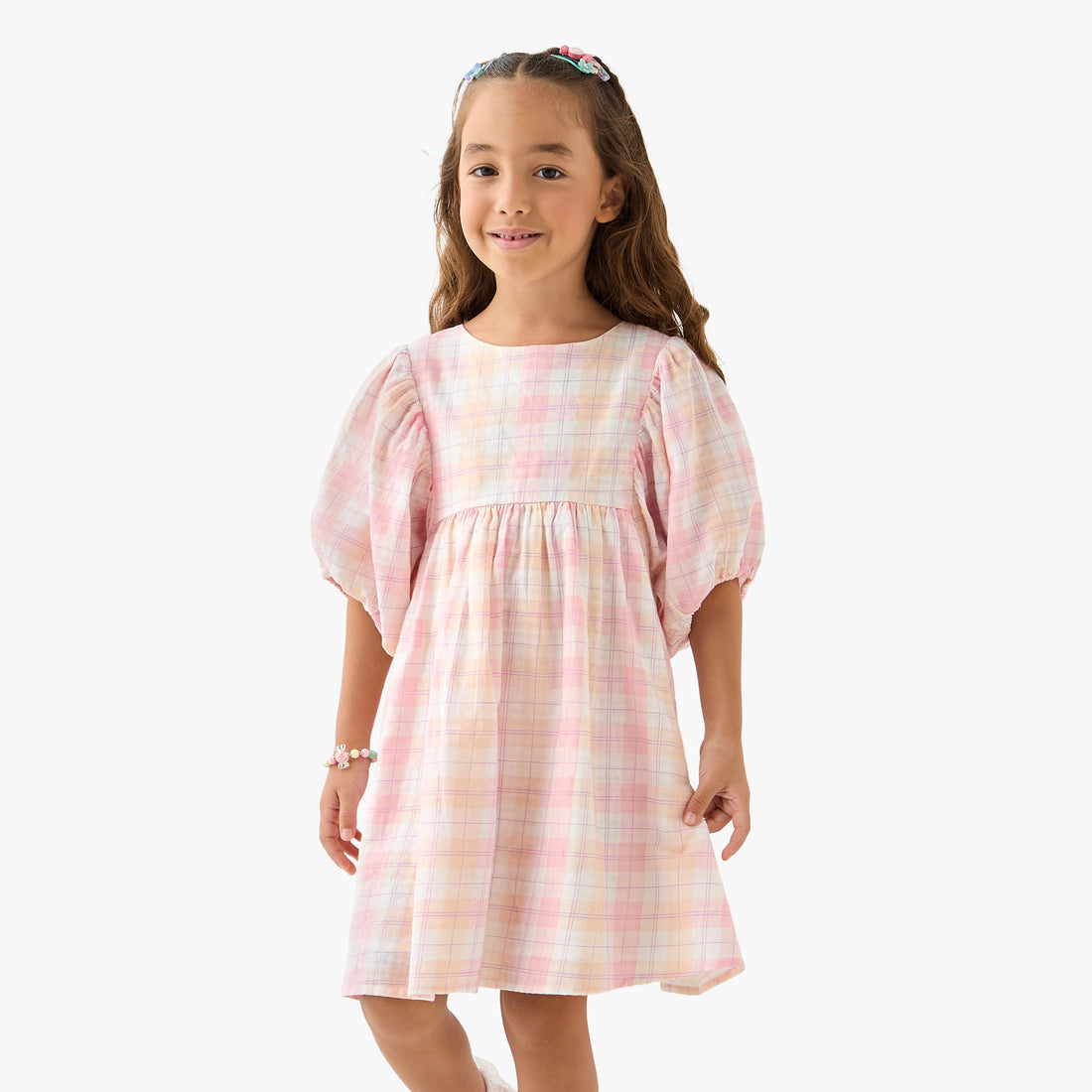 Juniors Checked A-line Dress with Round Neck - Pink / 1-2 yrs