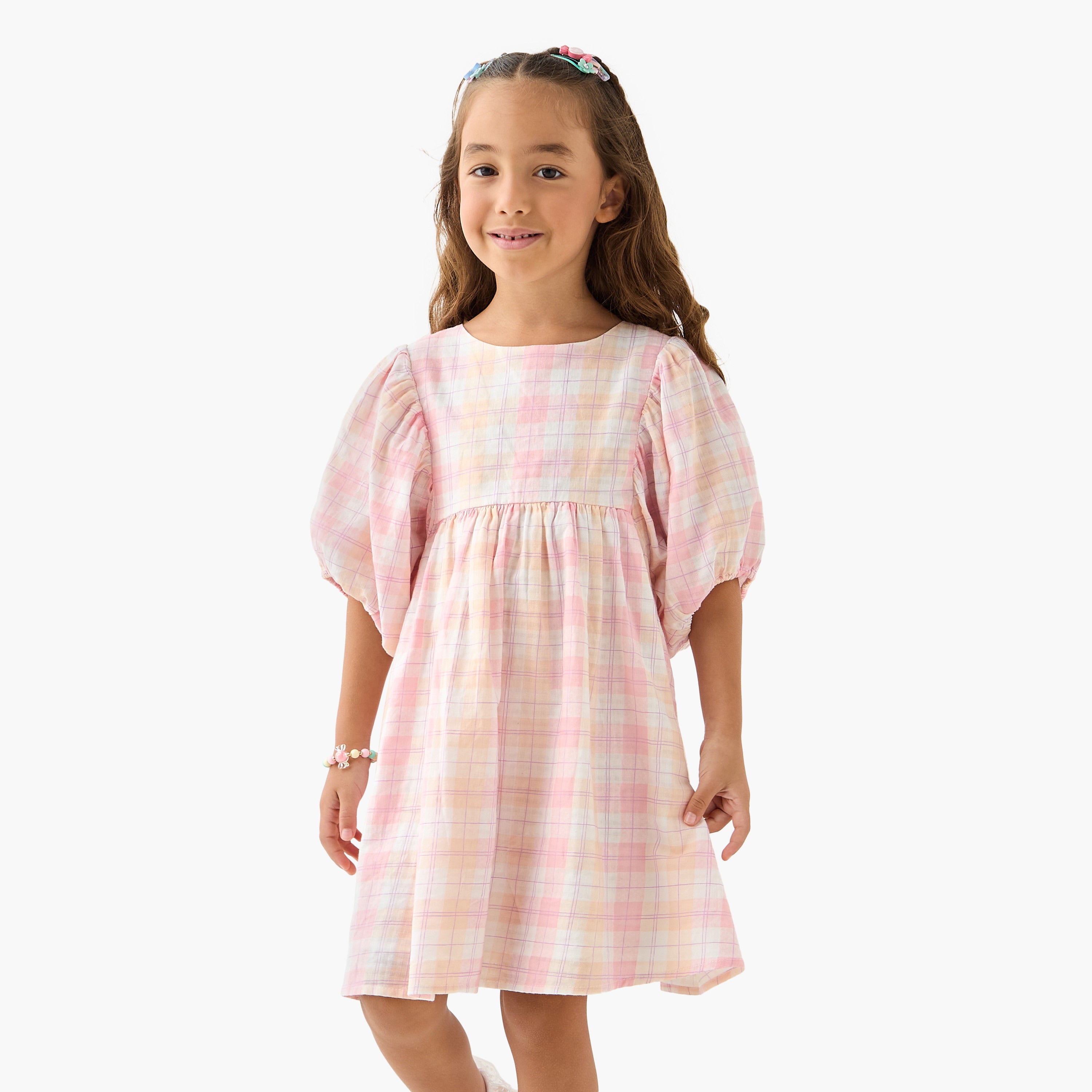 Juniors Checked A-line Dress with Round Neck - Pink / 1-2 yrs
