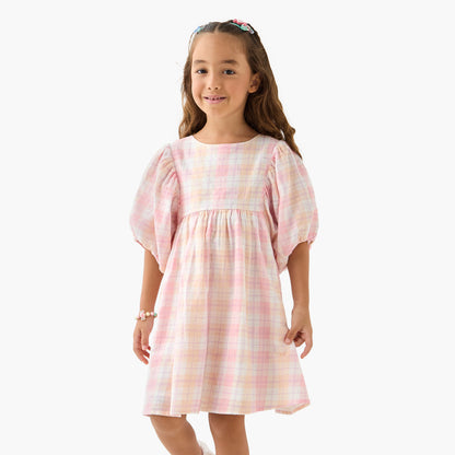 Juniors Checked A-line Dress with Round Neck - Pink / 1-2 yrs