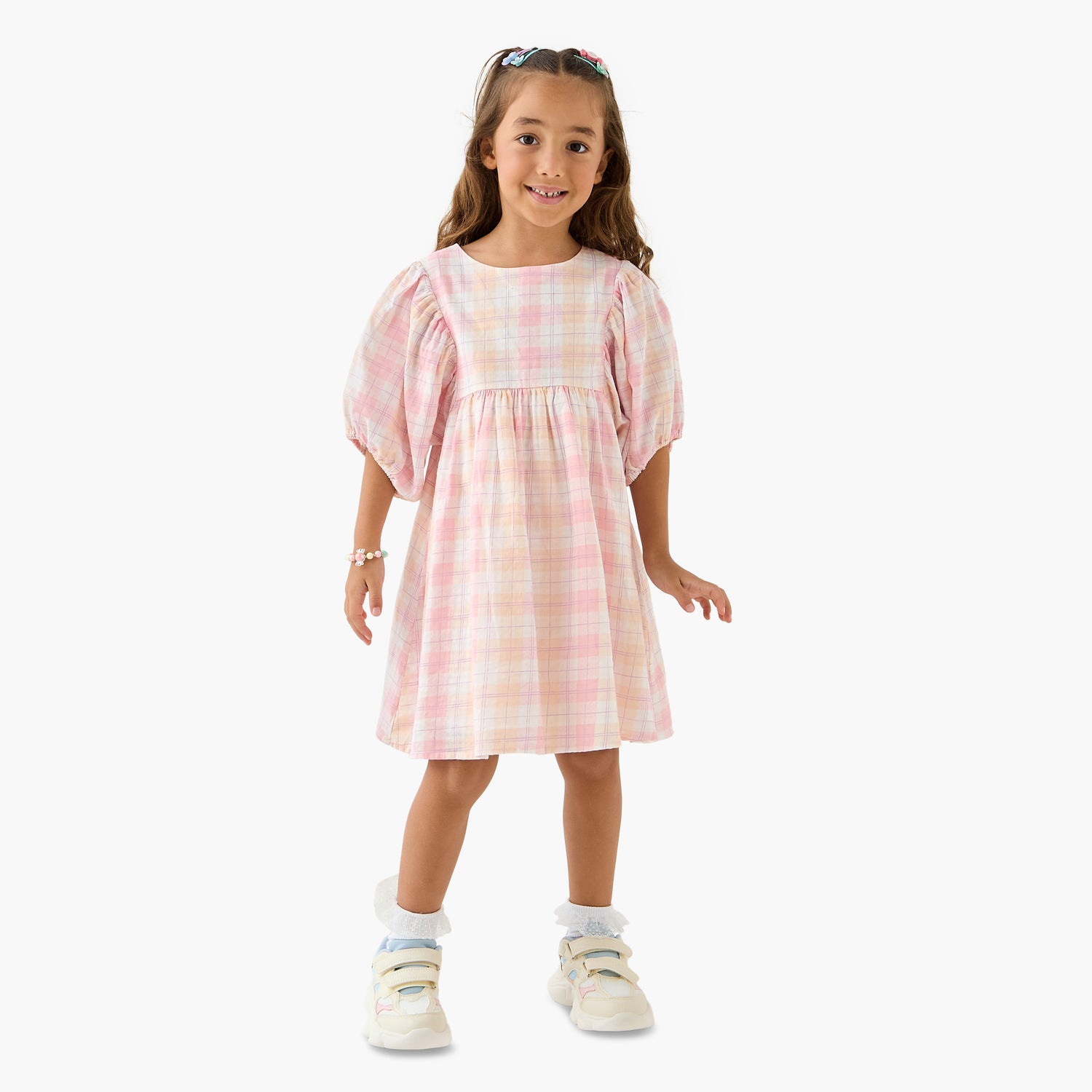 Juniors Checked A-line Dress with Round Neck