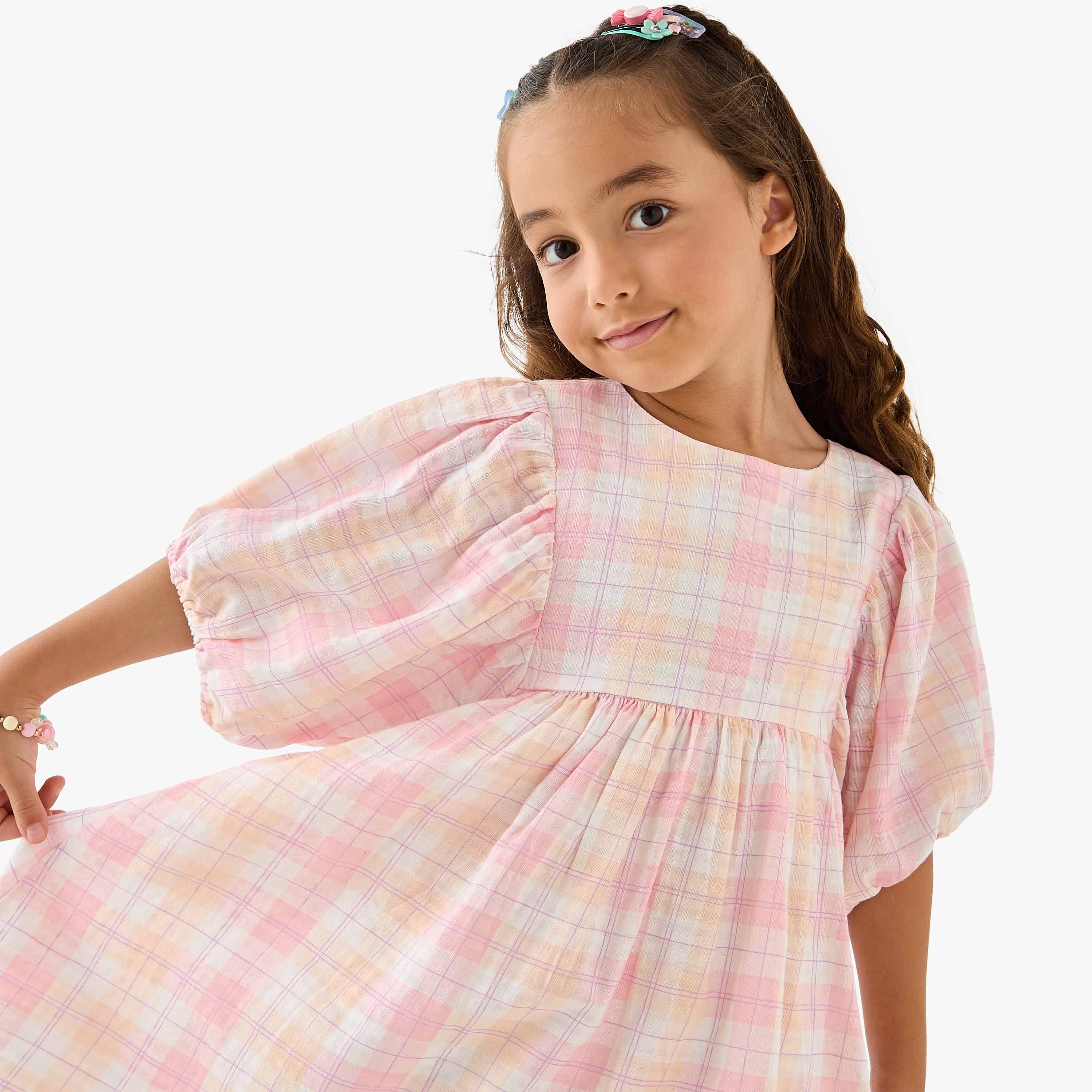 Juniors Checked A-line Dress with Round Neck