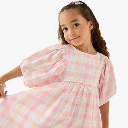 Juniors Checked A-line Dress with Round Neck