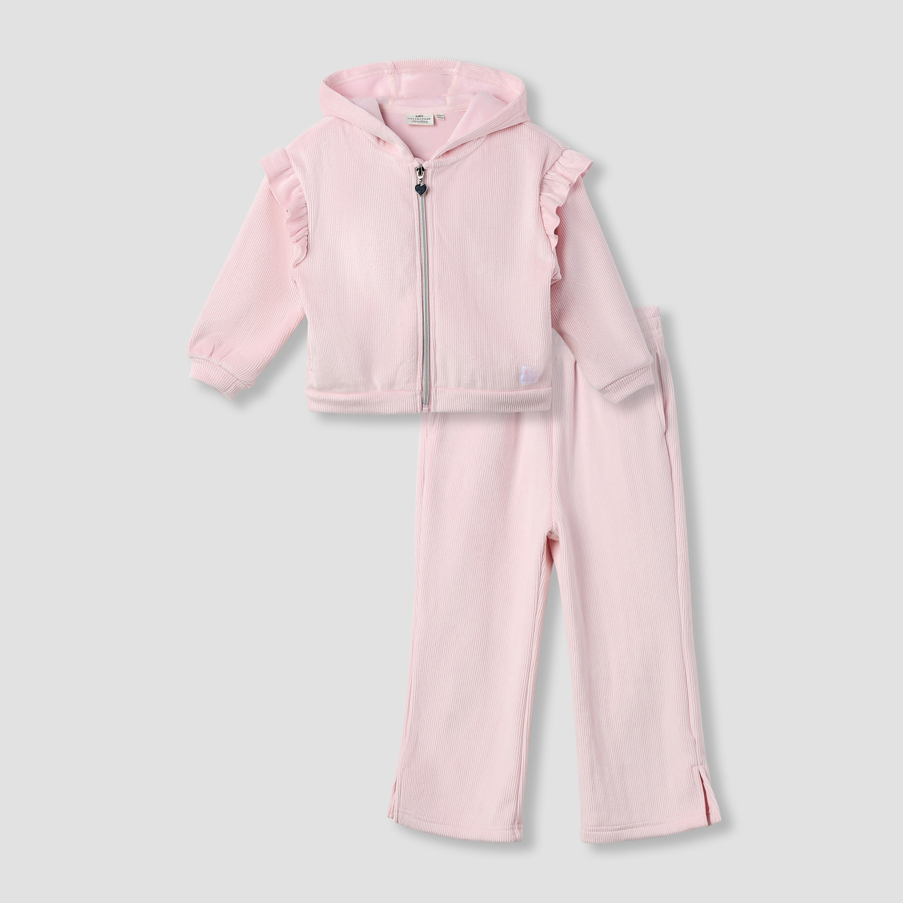 Juniors Girls Sweatshirt and Track Pants Set with Ruffle - Polyester Blend - Long Sleeves - Hood - Pink / 1-2 yrs