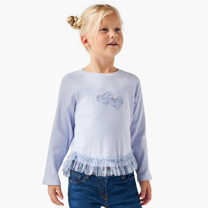 Juniors Heart Applique Top with Ruffles and Long Sleeves - Blue / 1-2 yrs