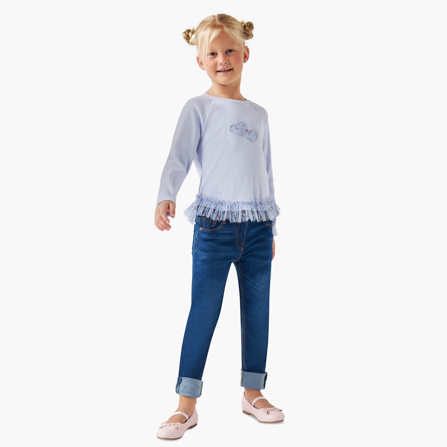 Juniors Heart Applique Top with Ruffles and Long Sleeves