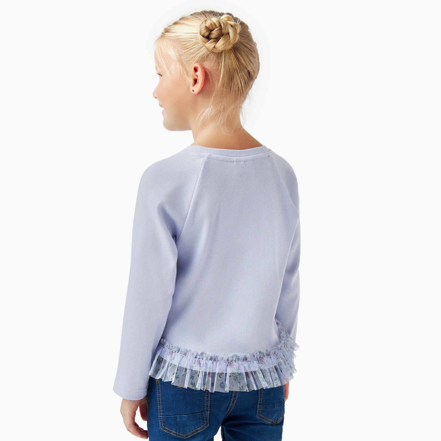 Juniors Heart Applique Top with Ruffles and Long Sleeves