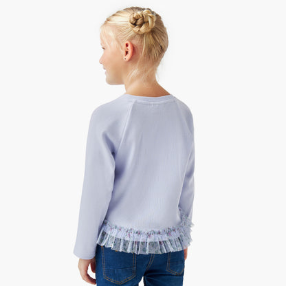 Juniors Heart Applique Top with Ruffles and Long Sleeves