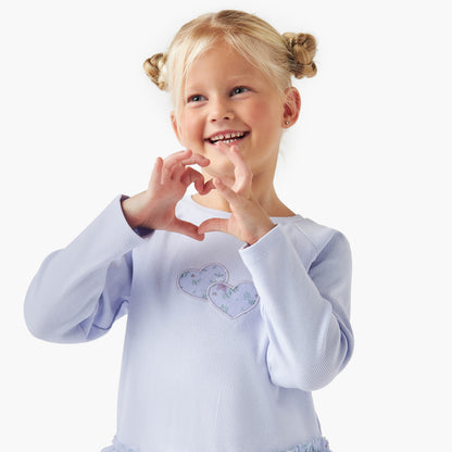 Juniors Heart Applique Top with Ruffles and Long Sleeves