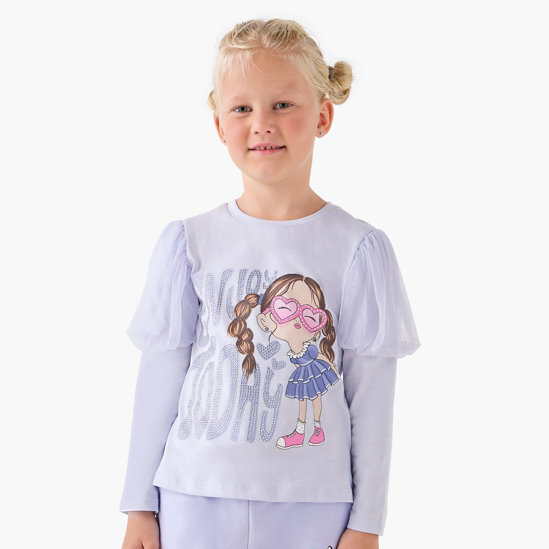 Juniors Girls Crew Neck T-shirt with Graphic Print - Cotton - Long Puff Sleeves - Purple / 1-2 yrs