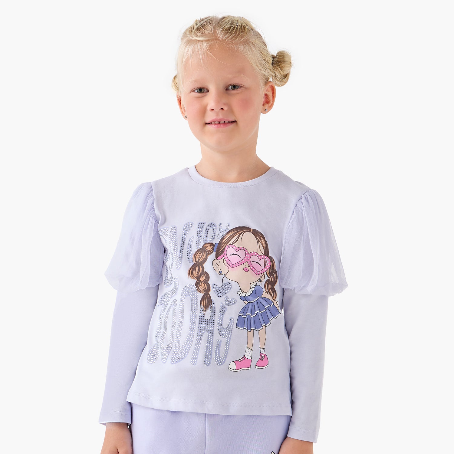 Juniors Girls Crew Neck T-shirt with Graphic Print - Cotton - Long Puff Sleeves - Purple / 1-2 yrs