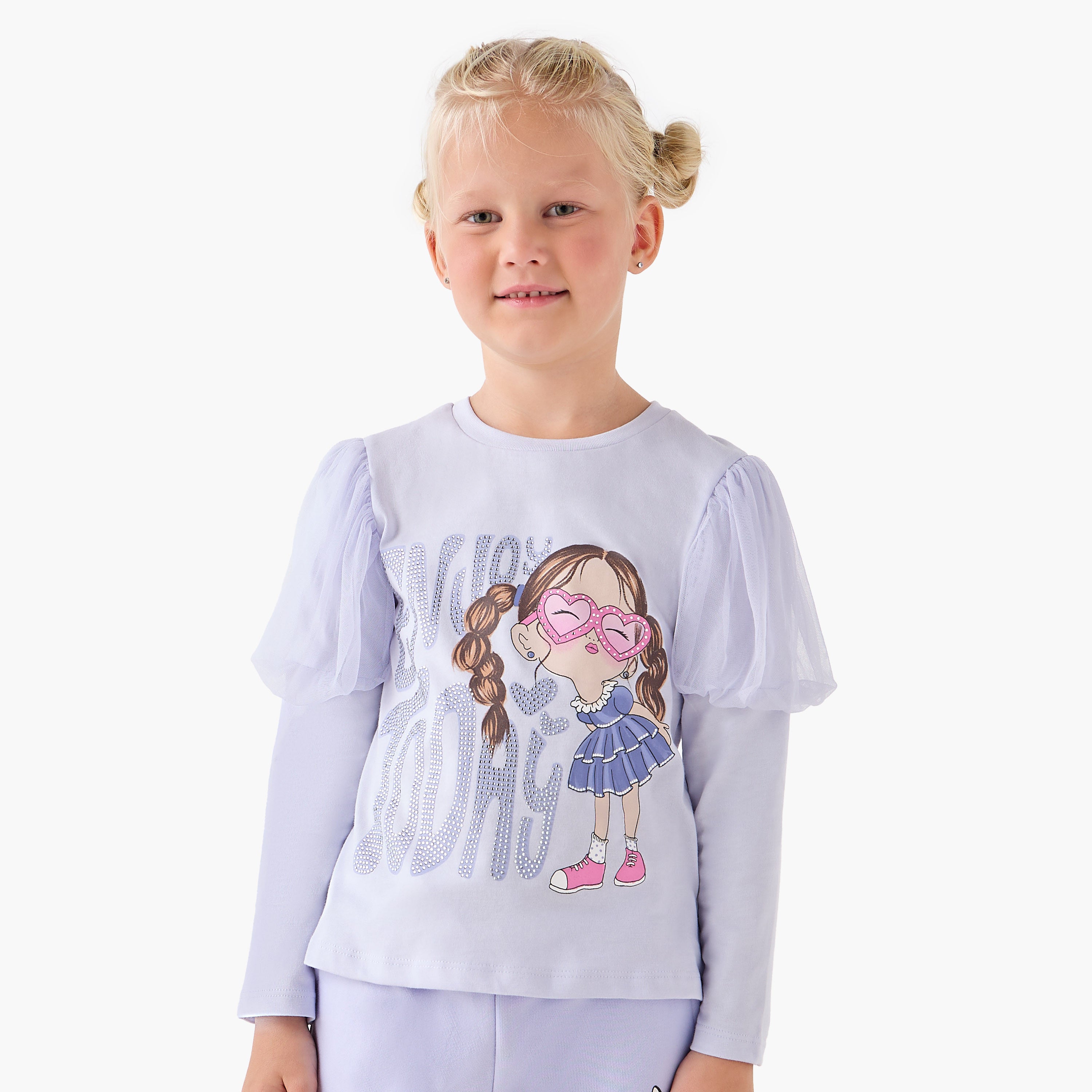 Juniors Girls Crew Neck T-shirt with Graphic Print - Cotton - Long Puff Sleeves - Purple / 1-2 yrs