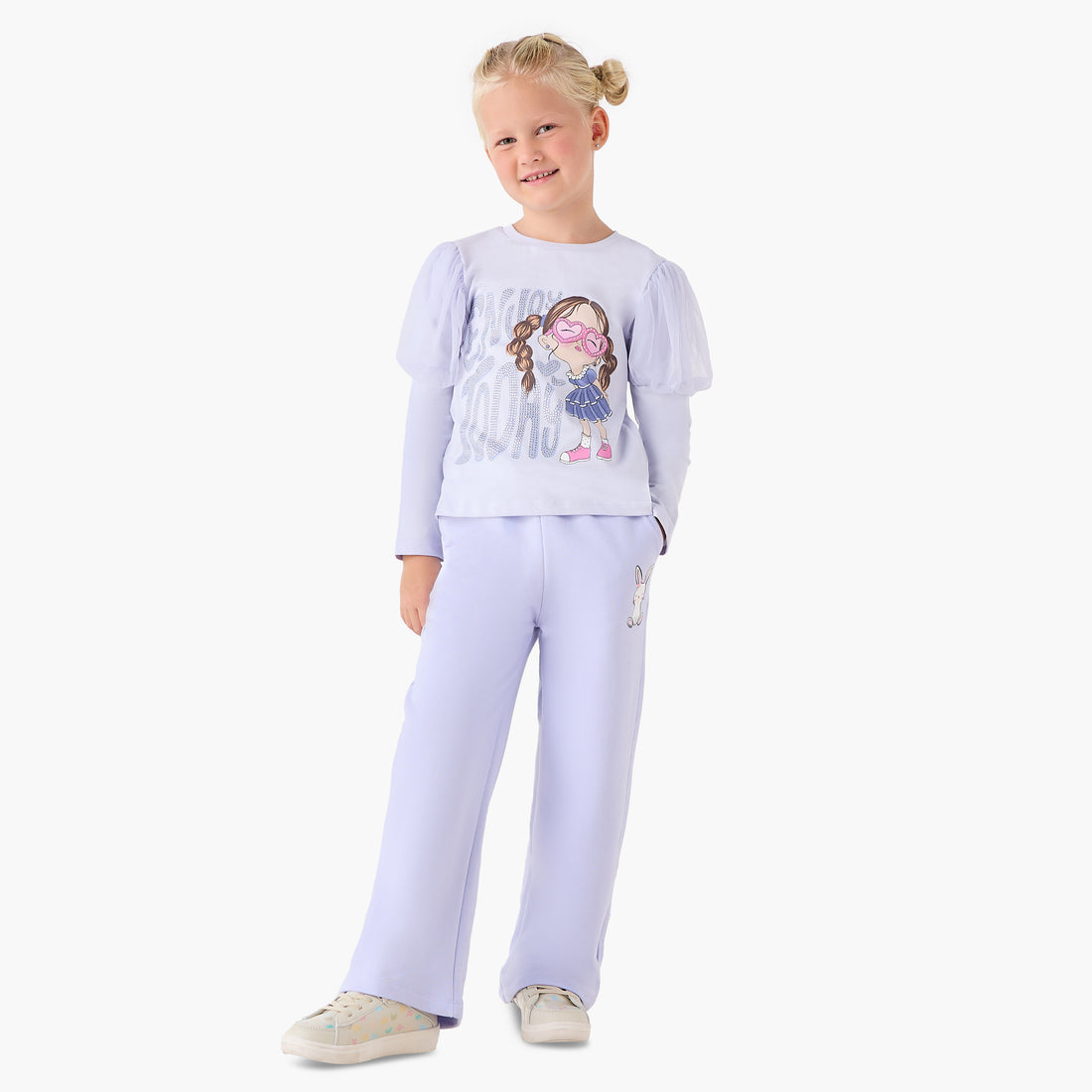 Juniors Girls Crew Neck T-shirt with Graphic Print - Cotton - Long Puff Sleeves