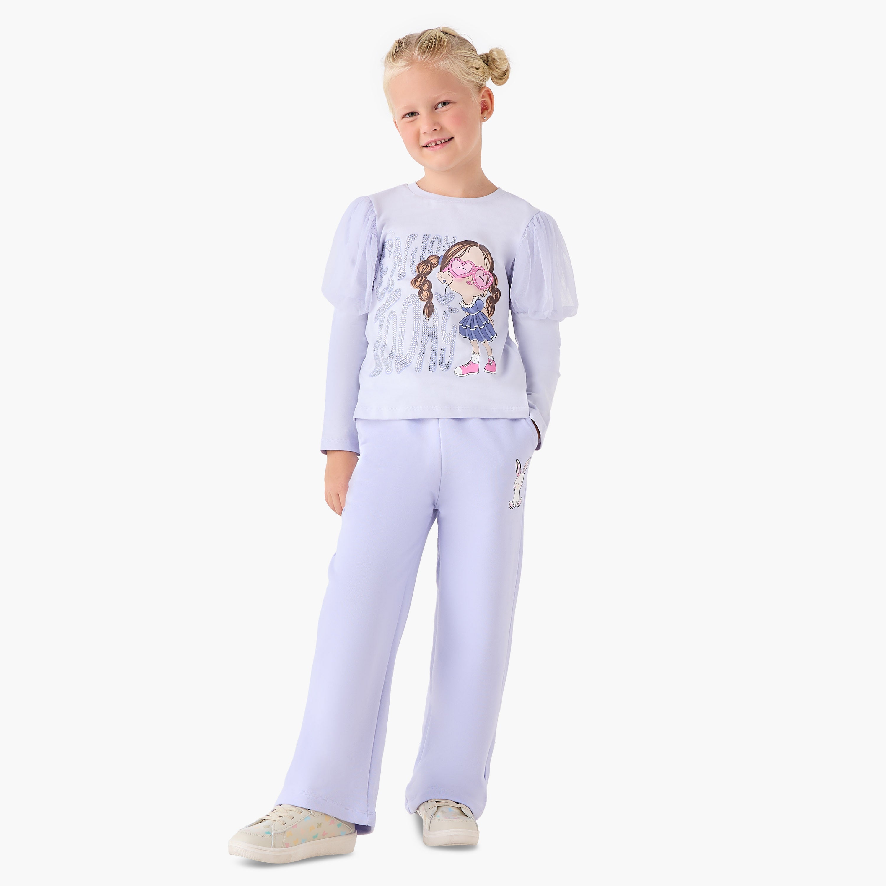 Juniors Girls Crew Neck T-shirt with Graphic Print - Cotton - Long Puff Sleeves