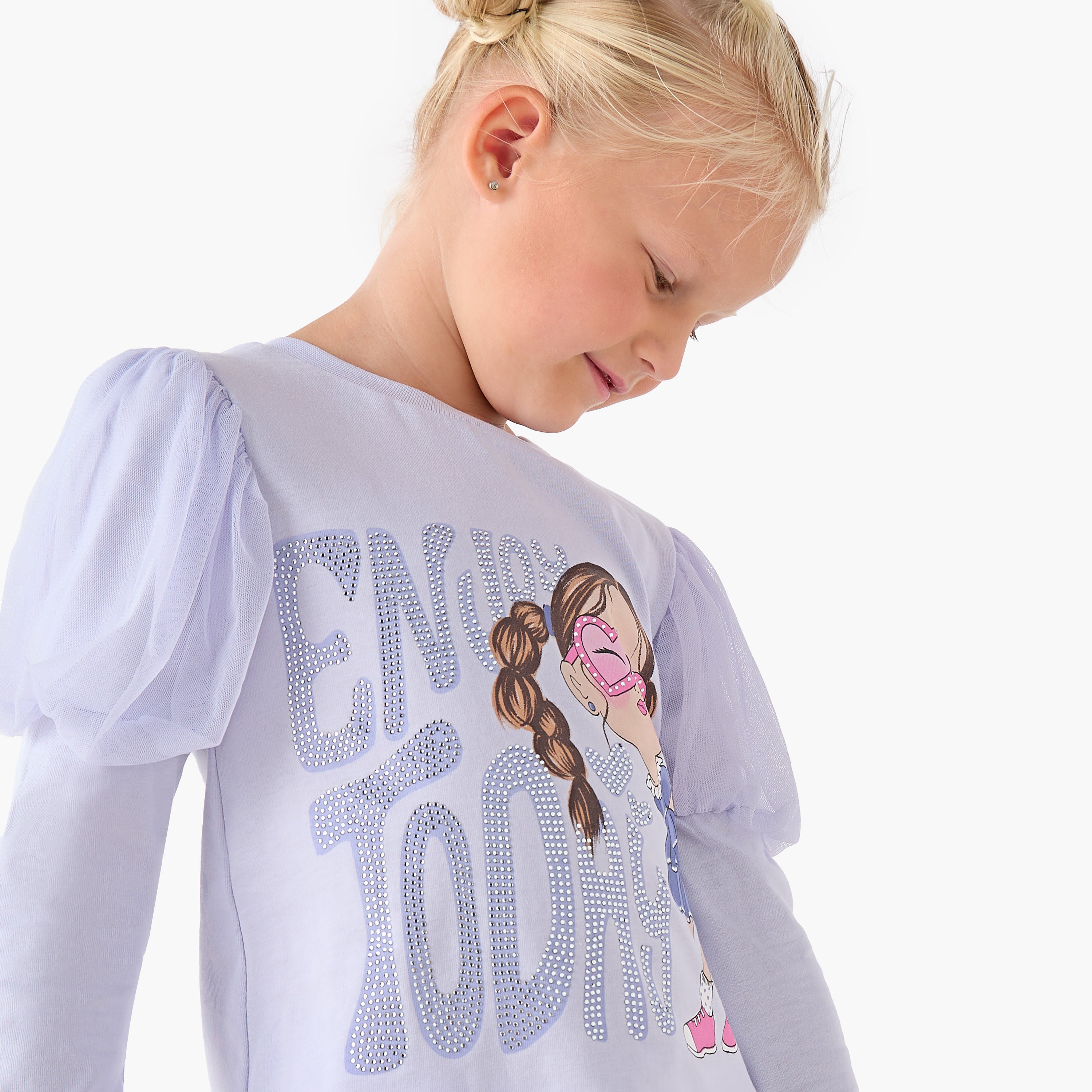 Juniors Girls Crew Neck T-shirt with Graphic Print - Cotton - Long Puff Sleeves