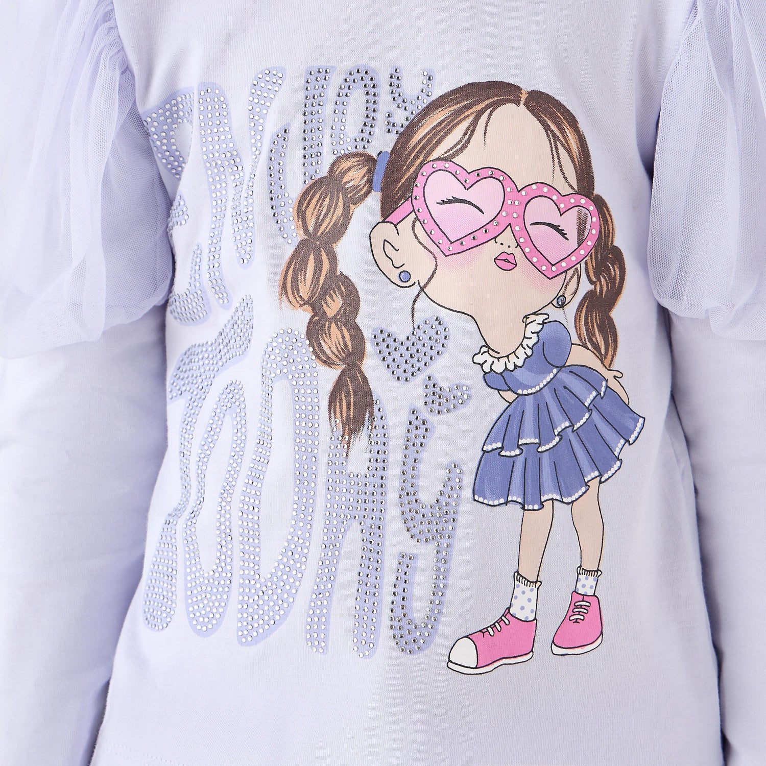 Juniors Girls Crew Neck T-shirt with Graphic Print - Cotton - Long Puff Sleeves