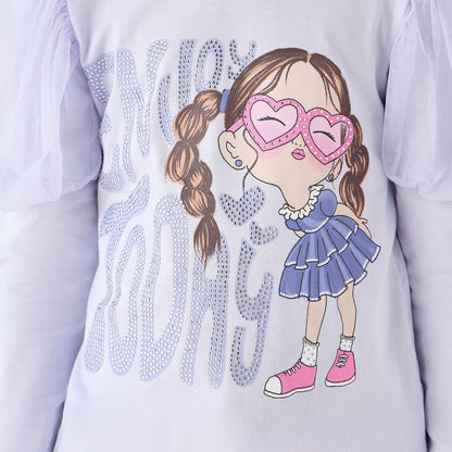Juniors Girls Crew Neck T-shirt with Graphic Print - Cotton - Long Puff Sleeves