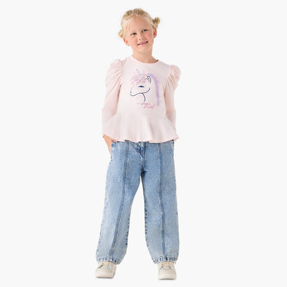 Juniors Girls Crew Neck T-shirt with Unicorn Print - Cotton - Long Sleeves