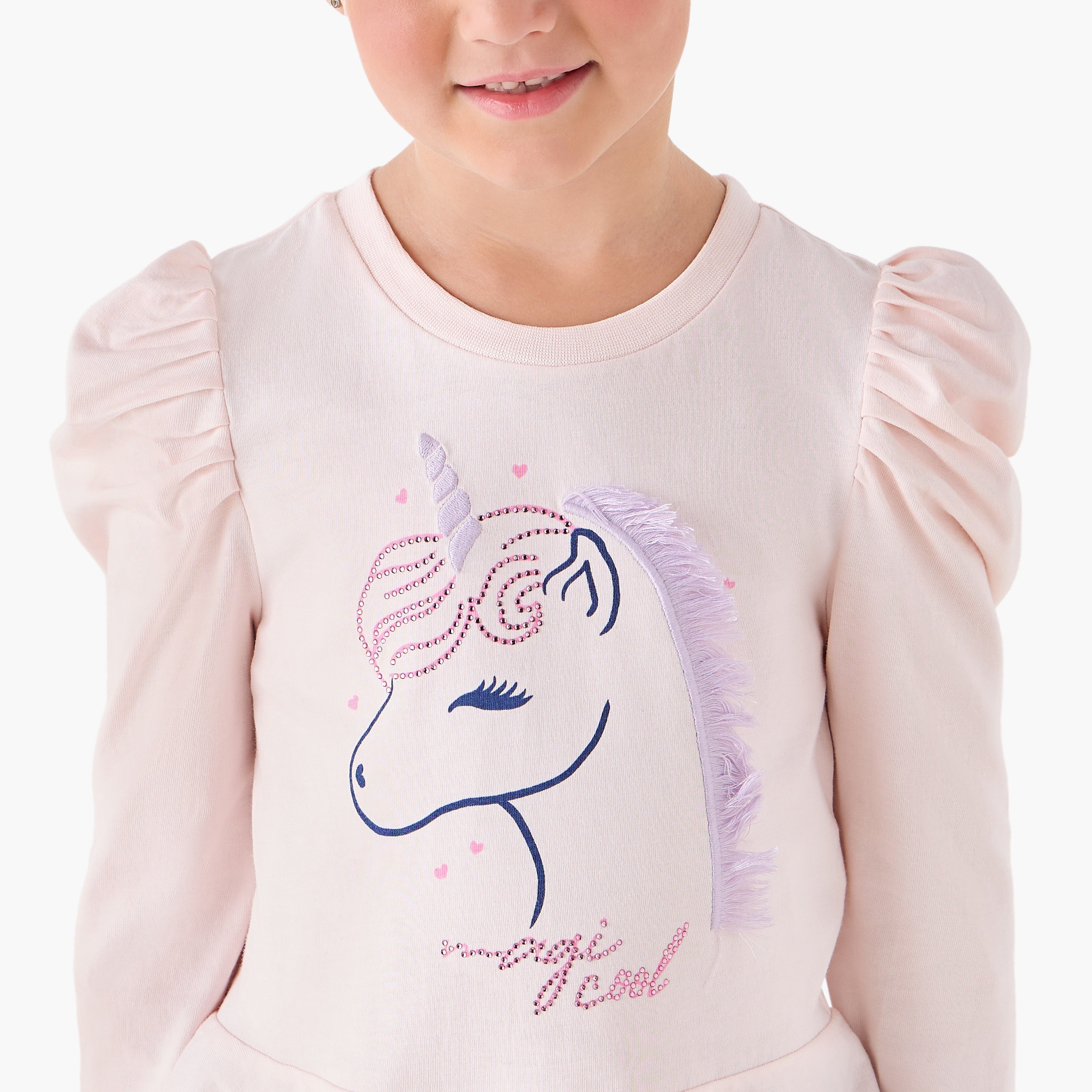 Juniors Girls Crew Neck T-shirt with Unicorn Print - Cotton - Long Sleeves