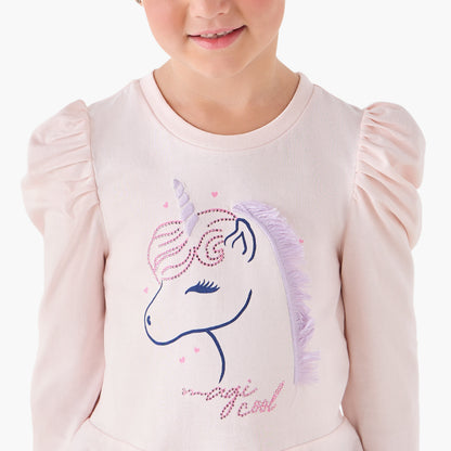 Juniors Girls Crew Neck T-shirt with Unicorn Print - Cotton - Long Sleeves
