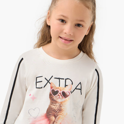 Juniors Cat Print Top with Bow Accents